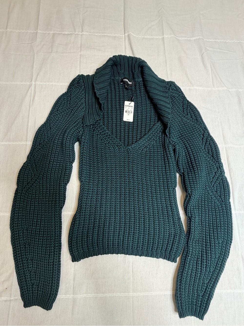 Express Dark Teal Chunky V-Neck Shawl Collar Sweater